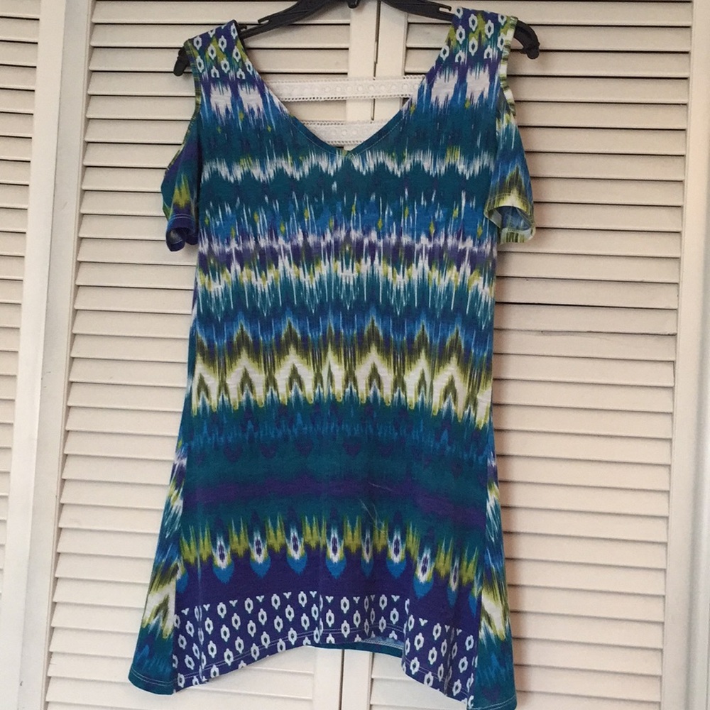 Green and blue cold shoulder blouse